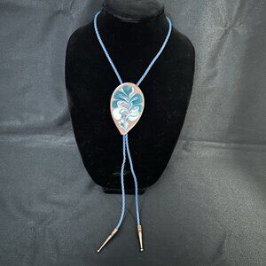 Vintage Porcelain / Ceramic Teal Blue White Western Bolo Tie Adjustable 36”